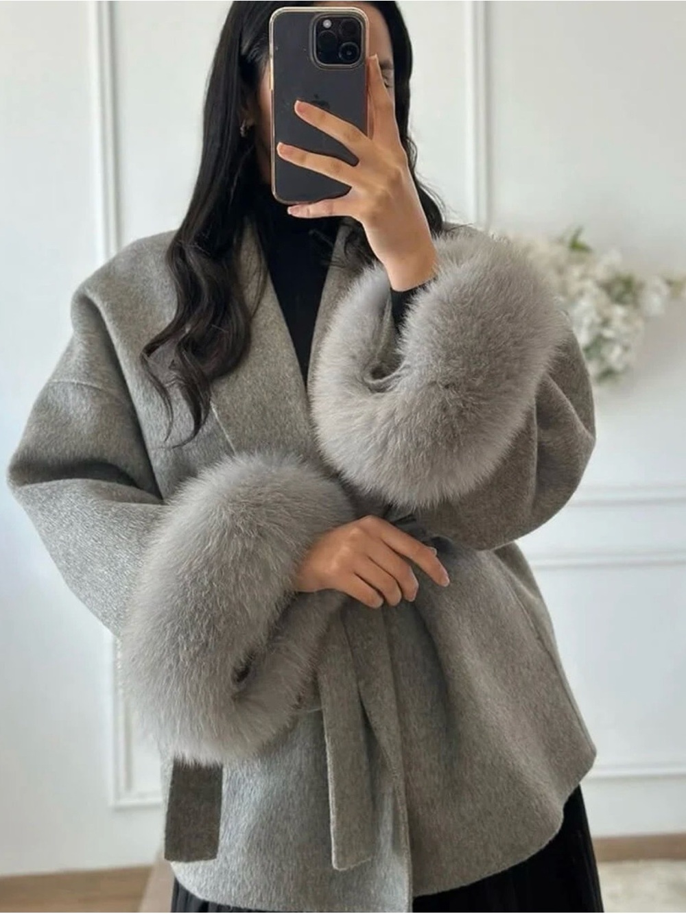 Wool Gray REAL -Fur Trim Wrap Coat with Belt ๐ค๐๐ - Picture 11 of 16